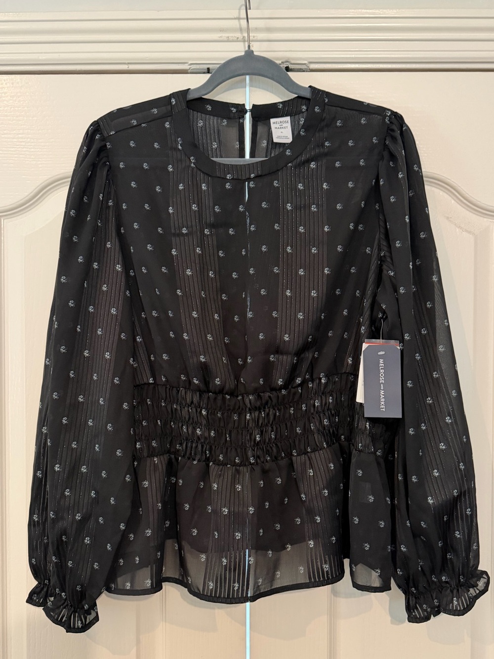 Melrose and Market Black Sheer Smocked-Waist Peplum Blouse - Picture 2 of 3
